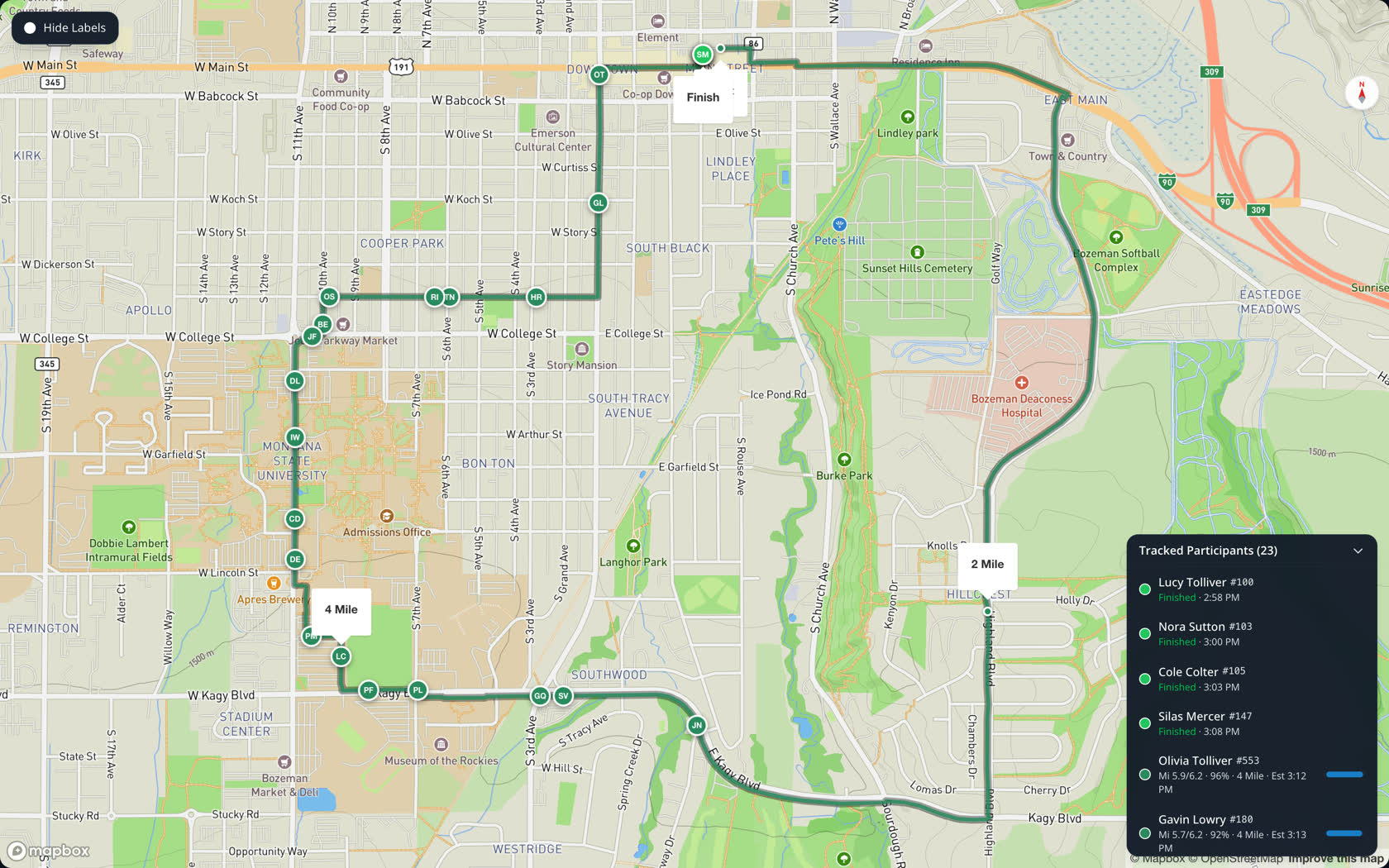 livePlanit live map: Every runner moves along the course in real time, estimated from their splits and pace.